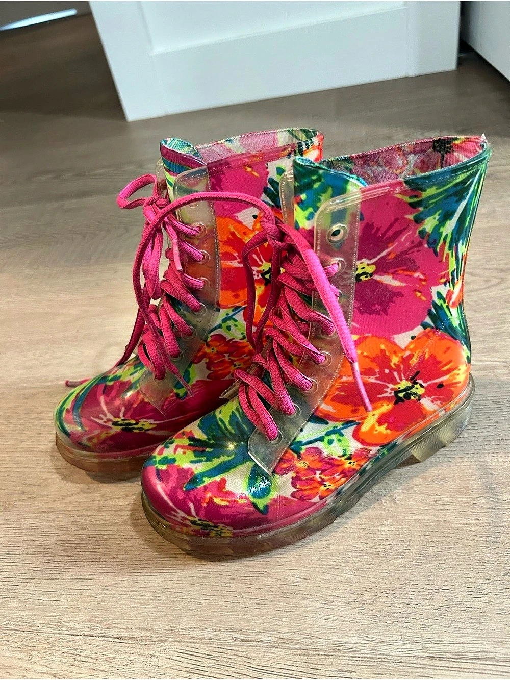 Girls Floral Lace-Up Rain Boots – Bright Multicolour | Youth Size 13